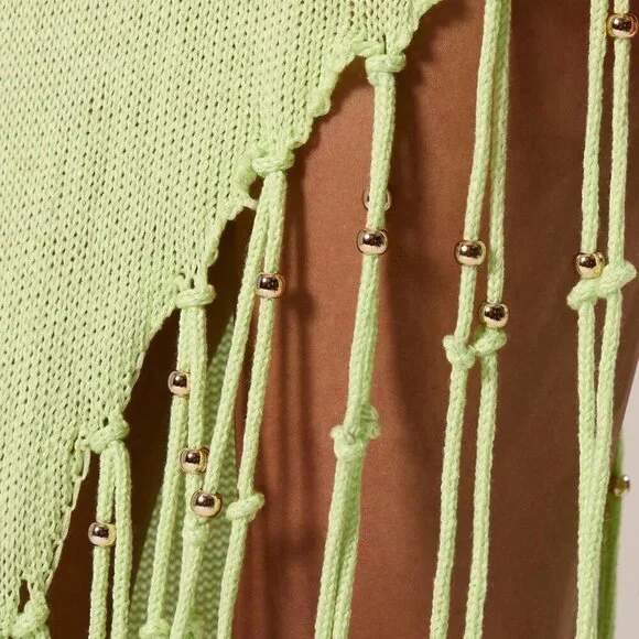 Lime Green Casual Women's Crochet Knit Beaded Fringing Maxi Cover Up Dress - Picture 5 of 6